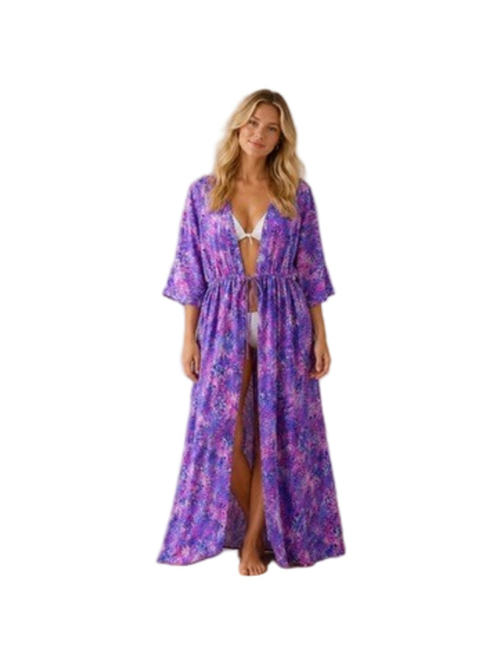Belle Beach by Kim Gravel Tie Front Swim Cover-Up Purple Maxi Duster Sz XL 1X P